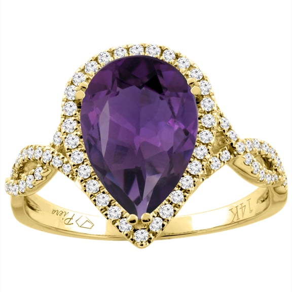 14K Yellow Gold Natural Amethyst Ring Pear Shape 12x8 mm Diamond Accents, size 5