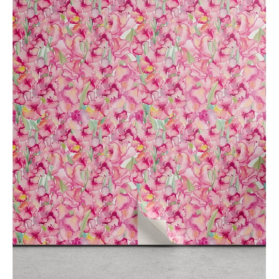 Ambesonne Floral Themed Peel & Stick Wallpaper for Home, Dreamy Watercolor Art, 13"x36", Mint Green Hot Pink Rose