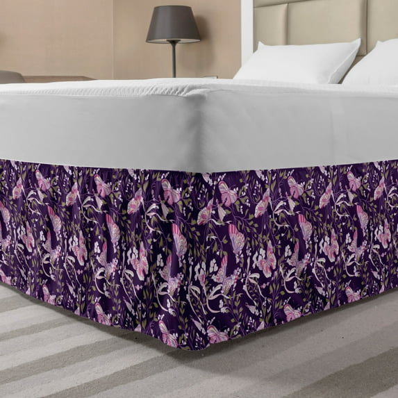 Spring Bed Skirt, Nature Themed Image with Abstract Butterflies and Floral Branches, Elastic Bedskirt Dust Ruffle Wrap Around for Bedding Decor, 4 Sizes, Dark Purple Multicolor, by Ambesonne