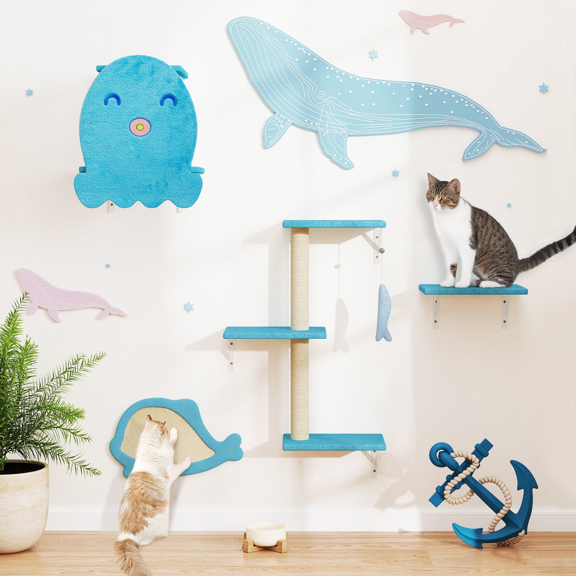 Cat Wall Furniture，Sturdy&Safe 4 in 1 Cat Wall Shelves,Fashion Unique Wooden Cat Climber with Cat House，Scratching Board & Cat Tree（Ocean Blue）