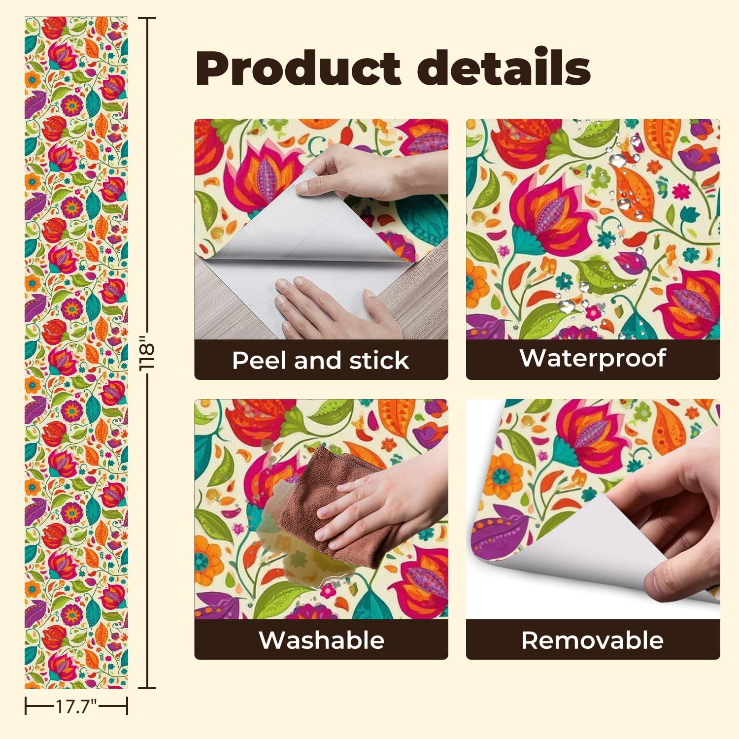 Paisley Peel and Stick Wallpaper 17.7in x 9.8ft Colorful Floral Vibrant Flowers Leaves Cream Contact Paper Vinyl Waterproof Self Adhesive Wall Paper for Bedroom Shelf Cabinet Renter Friendly