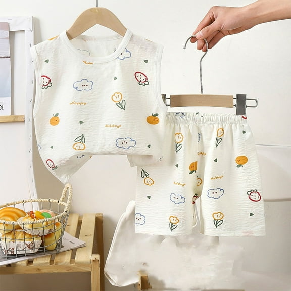 Lopecy-Sta Cartoon Pajama Sets Sleeveless Cute Tiny Frog in Various Poses Soft Cotton Summer Sleepwear 2 Piece PJS Size 1-7T