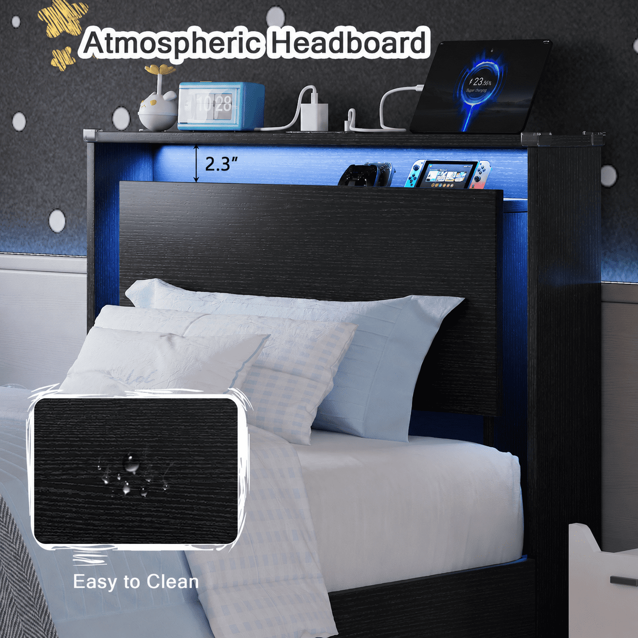Einhomn Twin Size Floating Bed Frame with  LED Lights & Charging Station,Wood Platform Bed Frame with Storage Headboard,Noise Free,No Box Spring Needed,Easy to Assemble-Black