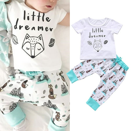 2PCS Newborn Infant Baby Girl Boy Summer Clothes Fox Print T-shirt Tops+Long Pants Outfits Set 0-3 Months