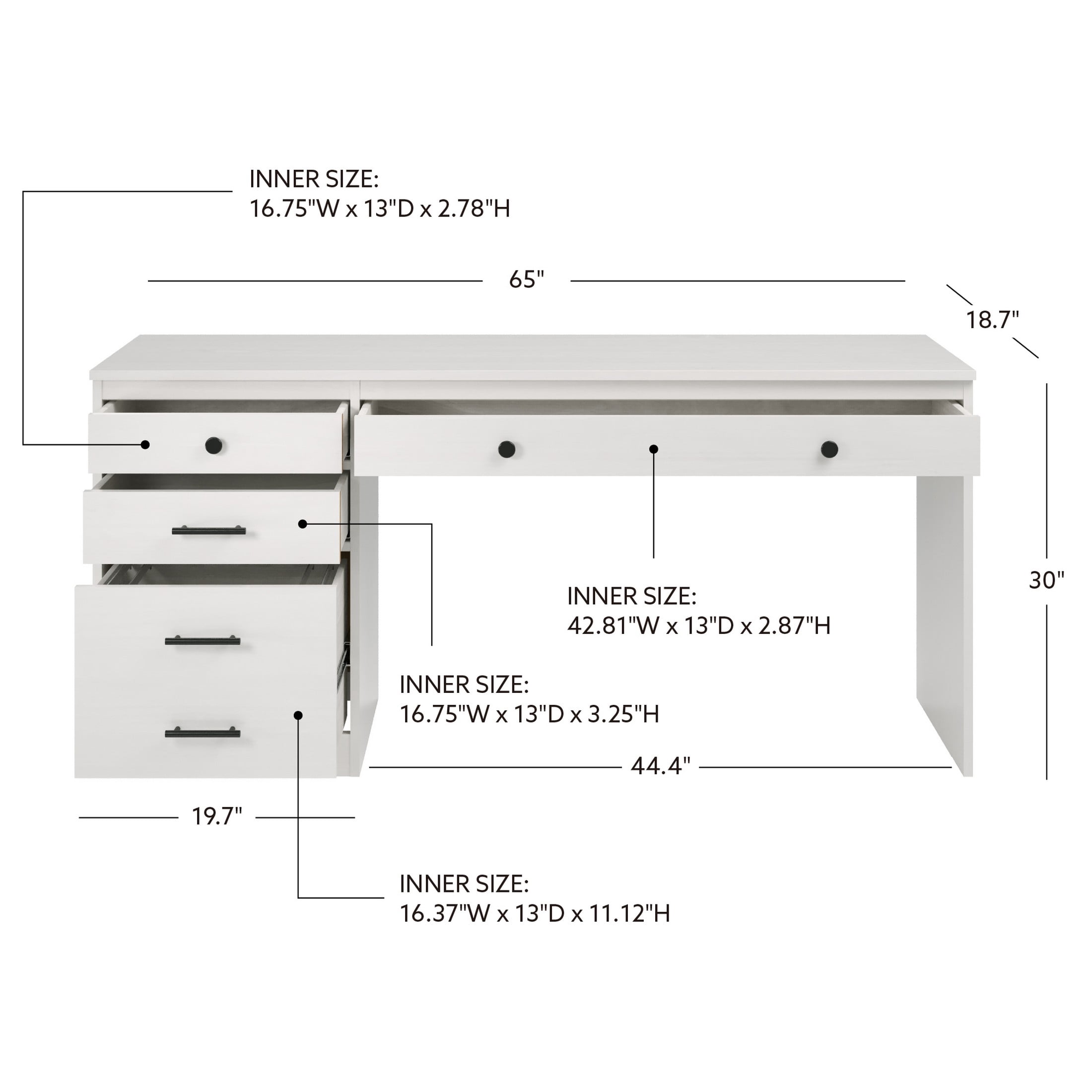 Linon Vaughan Computer Desk with File Cabinet and 3 Drawers, 65" Wide, Whitewash Finish