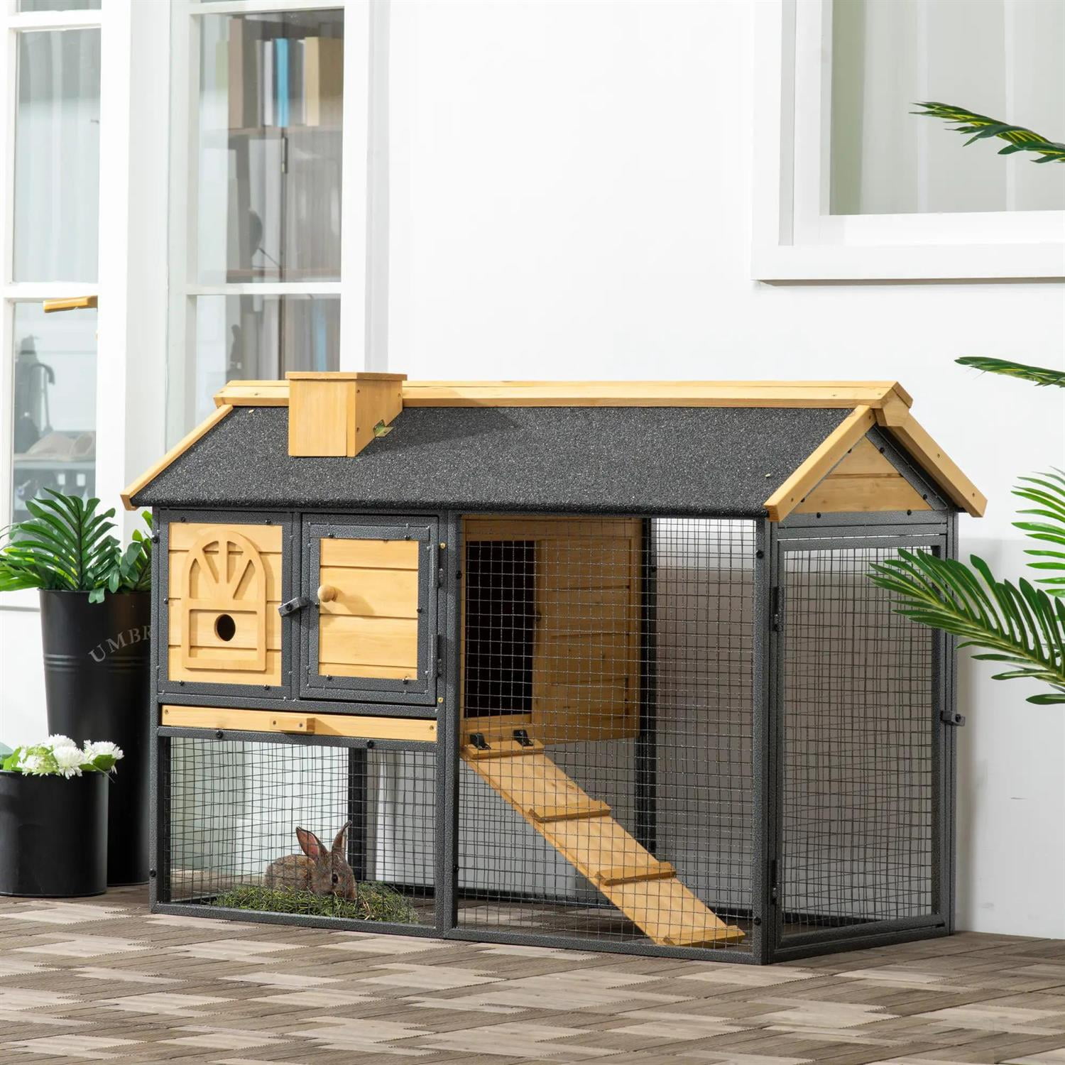 Pefilos 47" Metal Frame Wooden Rabbit Hutch with Run, Trays and Ramp, Outdoor Bunny Enclosure Guinea Pig Cage for Small Animals, Yellow