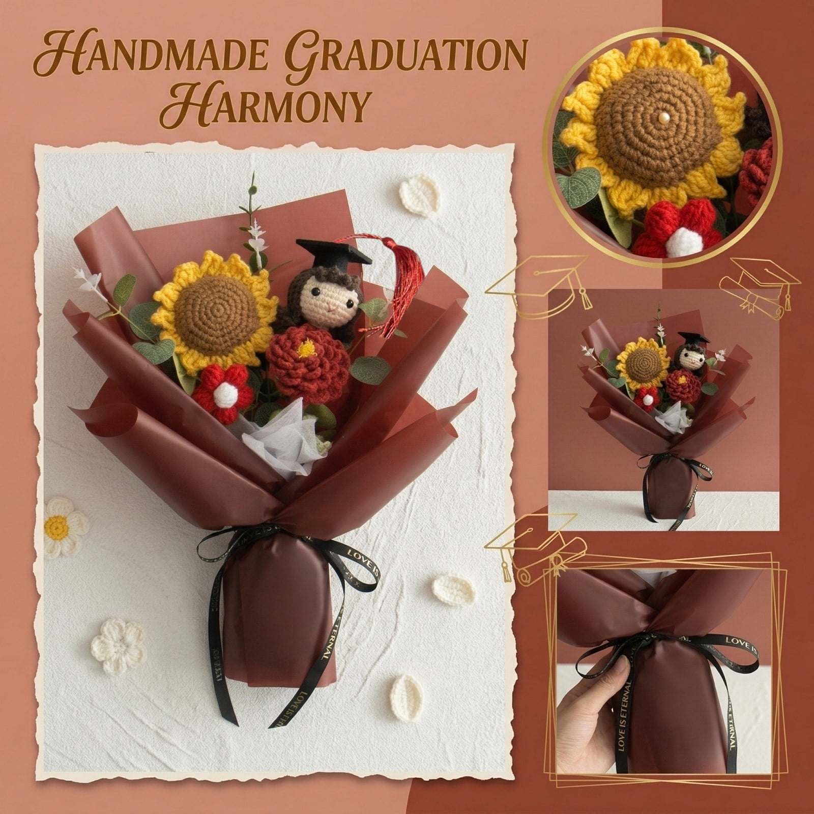 Crochet Bouquet, Flower Bouquet, Flower Wrapping Paper Bouquet, Satin Ribbon for Flower Bouquet, Graduation Gift, Graduation Cap Decorations, Sunflower Decor, Graduation