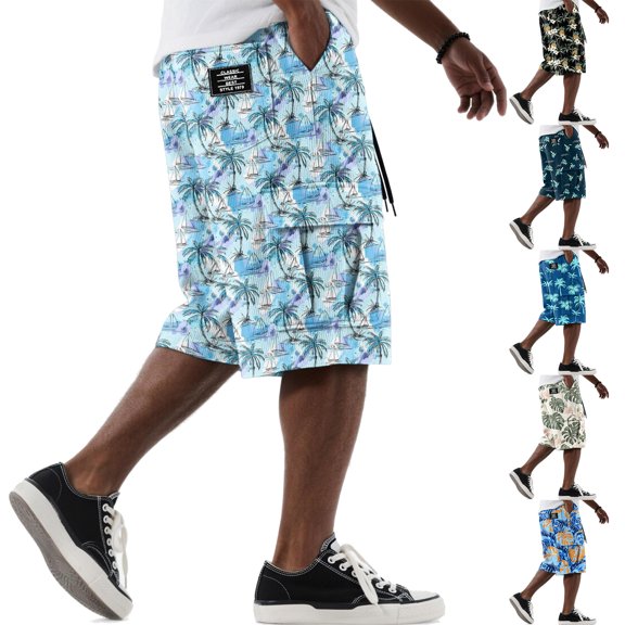 Mens Tropical Hawaiian Corduroy Cargo Shorts Drawstring Waist Multi Pocket Knee Length Printed Casual Shorts For Summer Travel Holiday