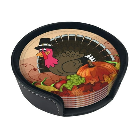 

Drink Coasters With Holder 6pcs Absorbent Kitchen Pu Leather Coaster Happy Thanksgiving Turkey Pumpkin Round Cup Pad Protect Tabletop From Scratched