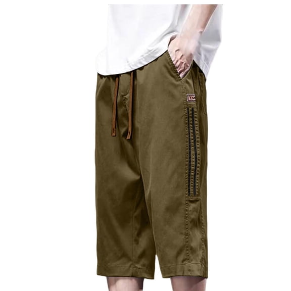qelini Capri Pants for Men Big and Tall Cropped Pants with Pockets Drawstring Waist Solid Color Ankle Pants Capris