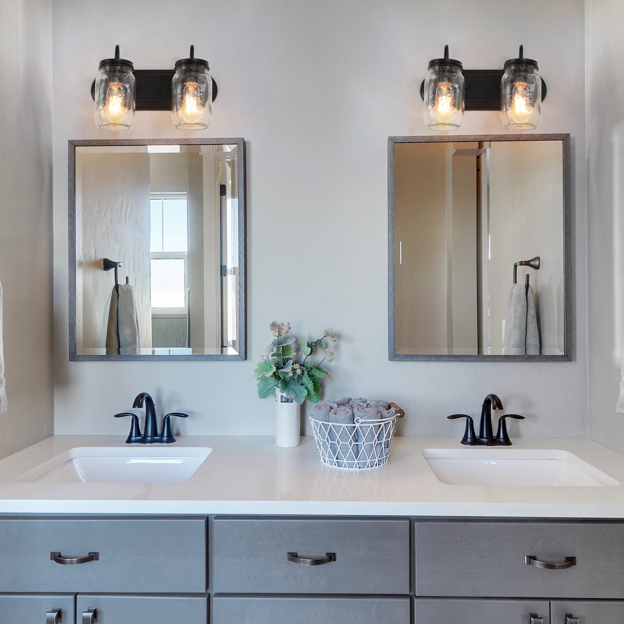LNC 2-Light Black Geometric Clear Mason Jar Glass Modern Bathroom Vanity Lighting Fixutre