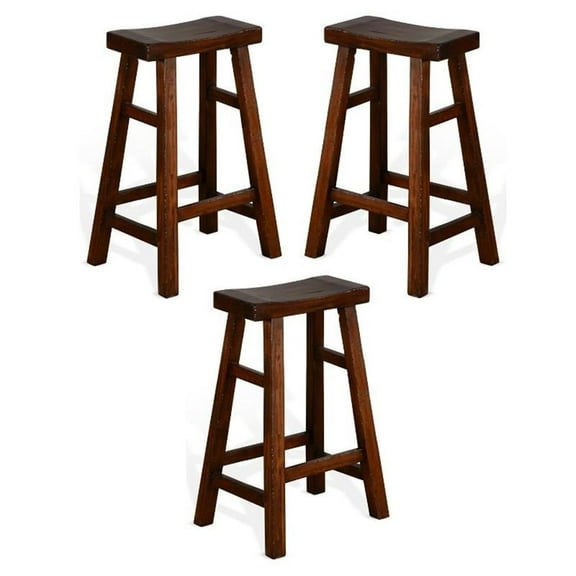 Home Square 30" Saddle Seat Mahogany Wood Stool in Medium Brown - Set of 3