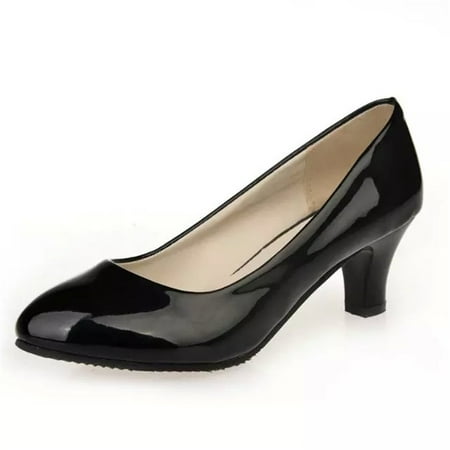 - New Women Fashion Simple Patent Leather Classic Office Lady Round Toe High Heel Shoes Thick Heel Pumps Shoes