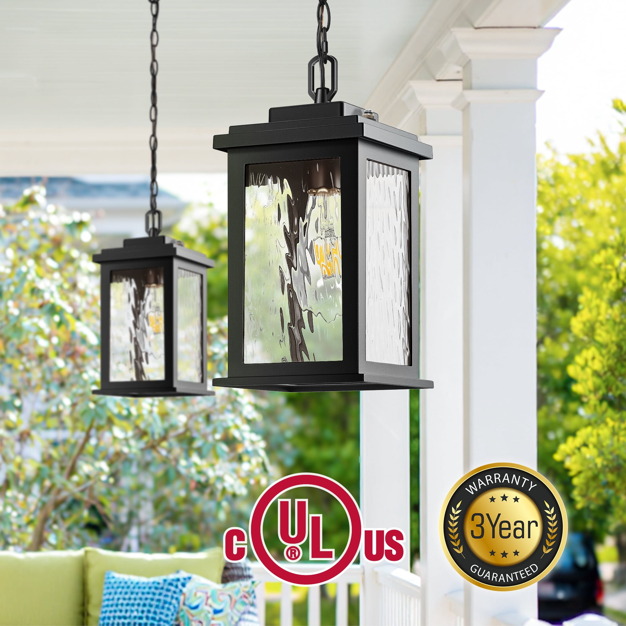 Gleamz Black Dusk to Dawn Outdoor Pendant Lights with Water Glass, Adjustable Chain Waterproof Hanging Porch Light, Outside Chandelier for Porch, Patio, Driveway