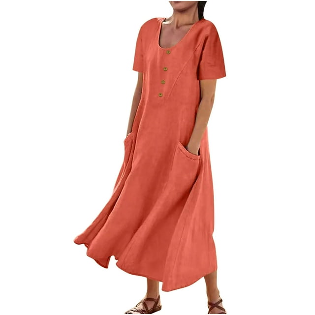 Staron Robe pour Femme Coton Lin Manches Longues Courtes Mignonne Décontractée Robes d'Été Boutons Fluide Vacances Col Rond Robe
