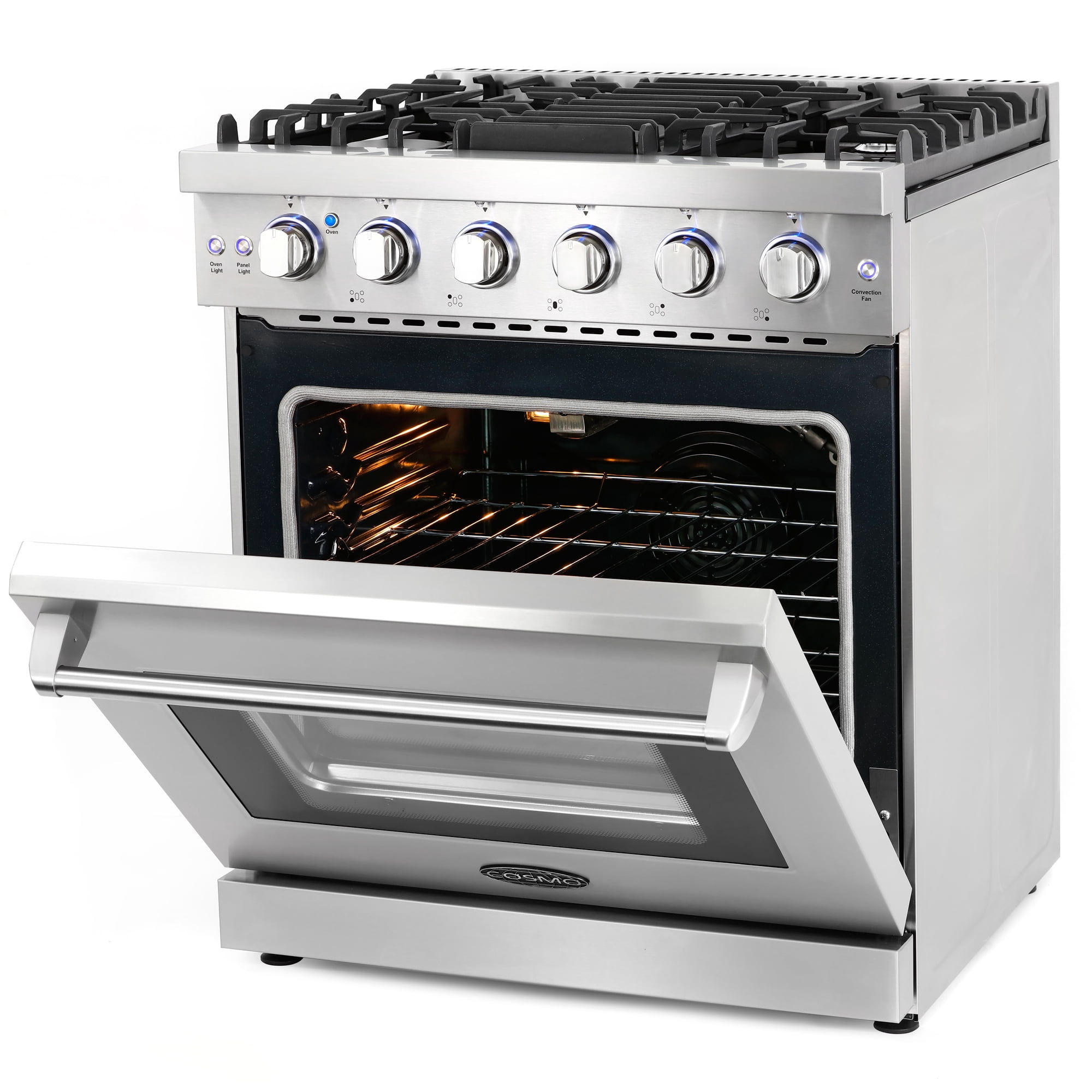 Cosmo 30 in. 4.5 cu. ft. Gas Range, 5 Sealed Burners, Convection Oven, Knob LED Lights, Stainless Steel, Rose Gold Handle Knob Kit
