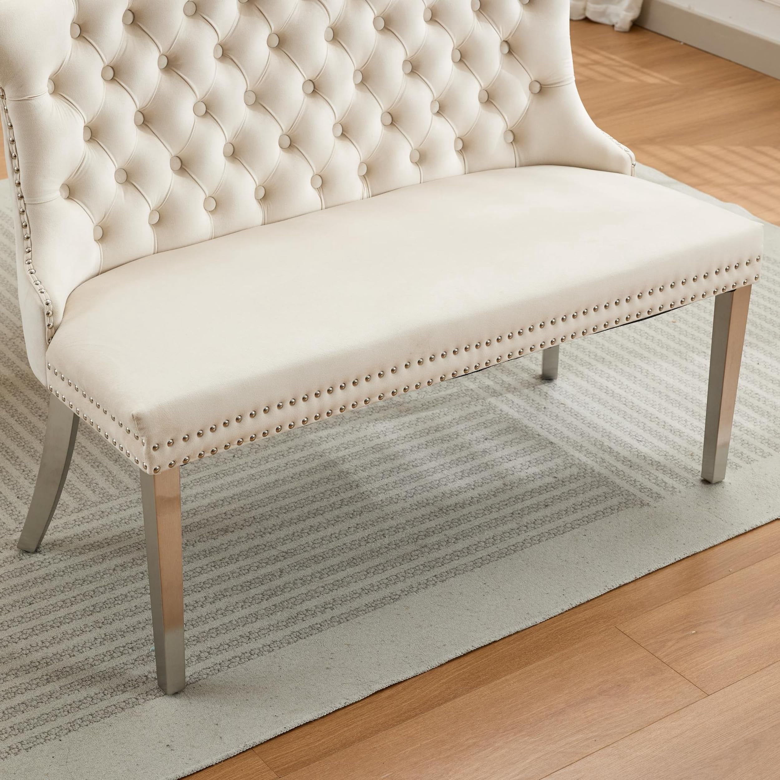 Beige Velvet Double Dining Loveseat Bench, 2-Seat Tufted Wingback with Gold-Plated Stainless Steel Legs, Mid Century Modern Kitchen & Dining Seating