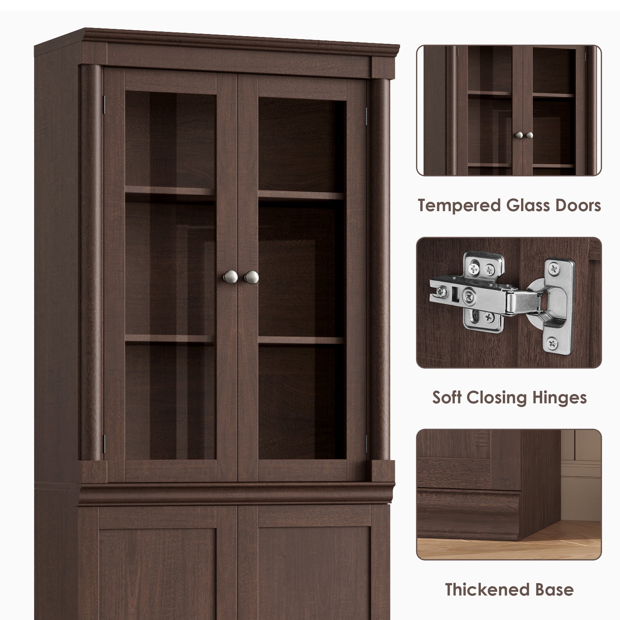 Homfa 71"H Bookcase with Glass Doors, 5 Tier Storage Bookshelf with Adjustable Shelf for Study Home Office,Reddish-Brown
