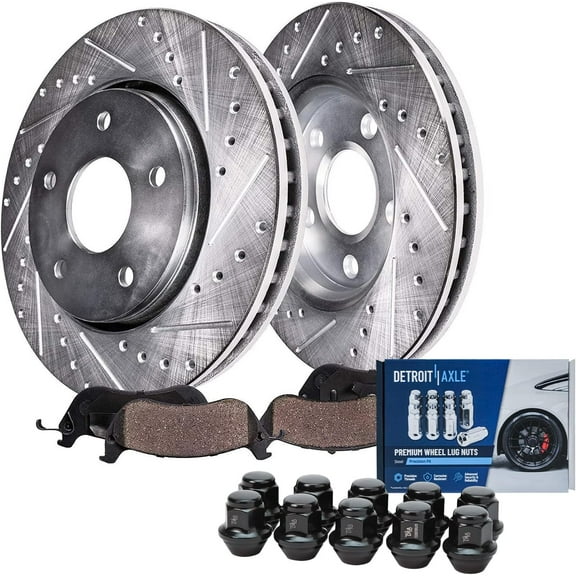 Detroit Axle - 11.81" Front Drilled & Slotted Rotors & Ceramic Brake Pads w/10pc Wheel Lug Nuts Replacement for Ford Fusion Lincoln MKZ - 14pc Set