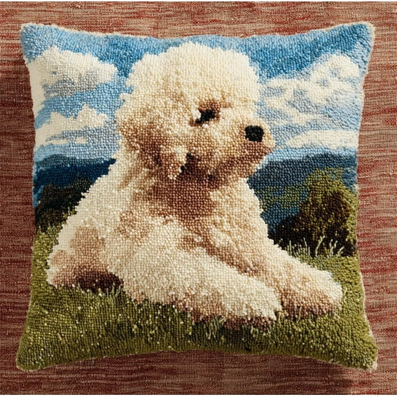 Latch Hook Kits For Adults Beginners, White Dog On The Grass 17X17 In Pre-Printed Latch Hook Pillow Kit, Craft Rug Making Kits, Diy Embroidery Cushion For Home Sofa Decor & Gift Idea