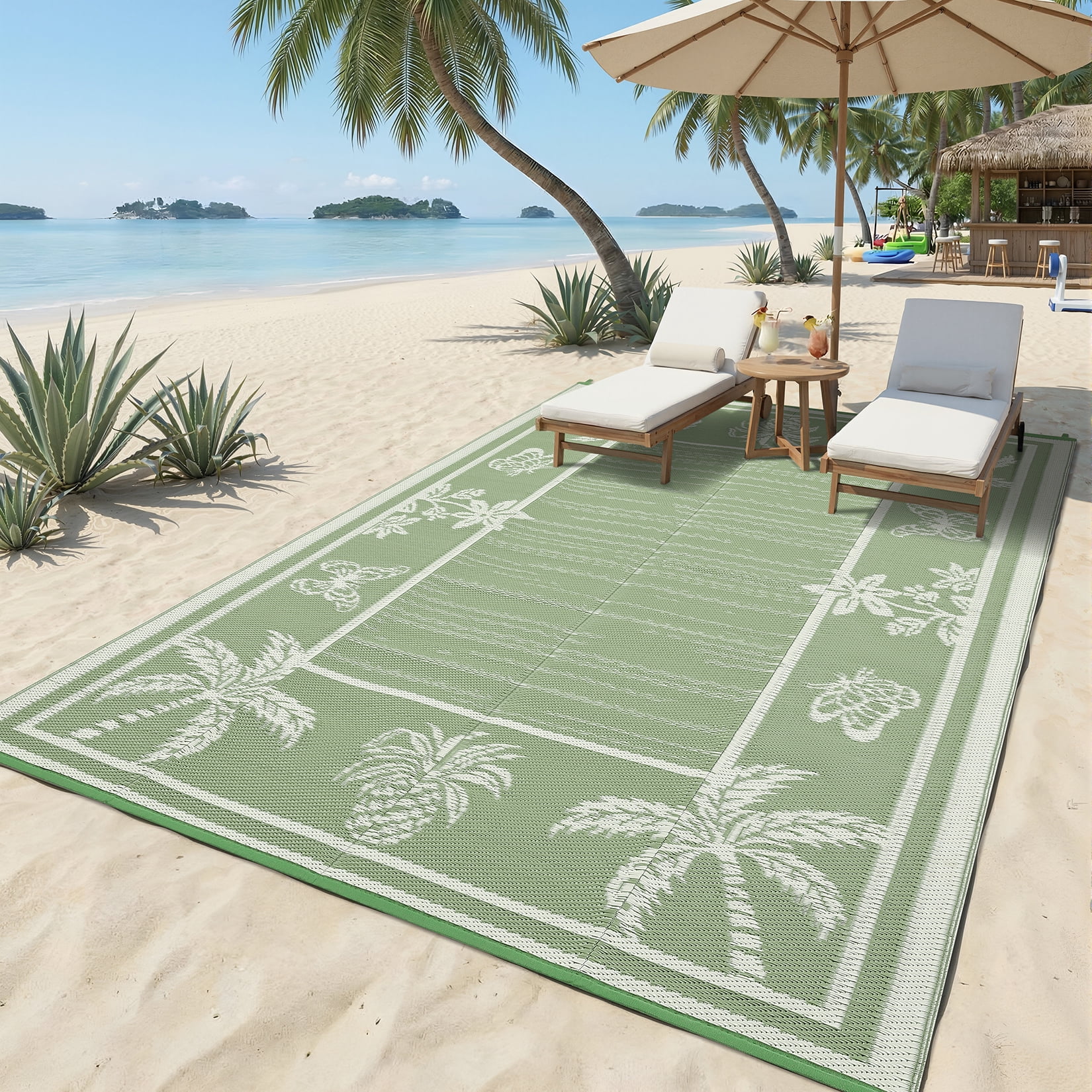 FairOnly 9'x12'Modern Tropical Floral Outdoor Rug Waterproof Reversible & Portable for Patio Poolside & Beach RV,Grey Green