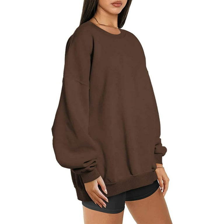 xkwyshop Women's Oversized Fleece Sweatshirts Long Sleeve Crew Neck  Pullover Sweatshirt Casual Hoodie Tops Brown S 