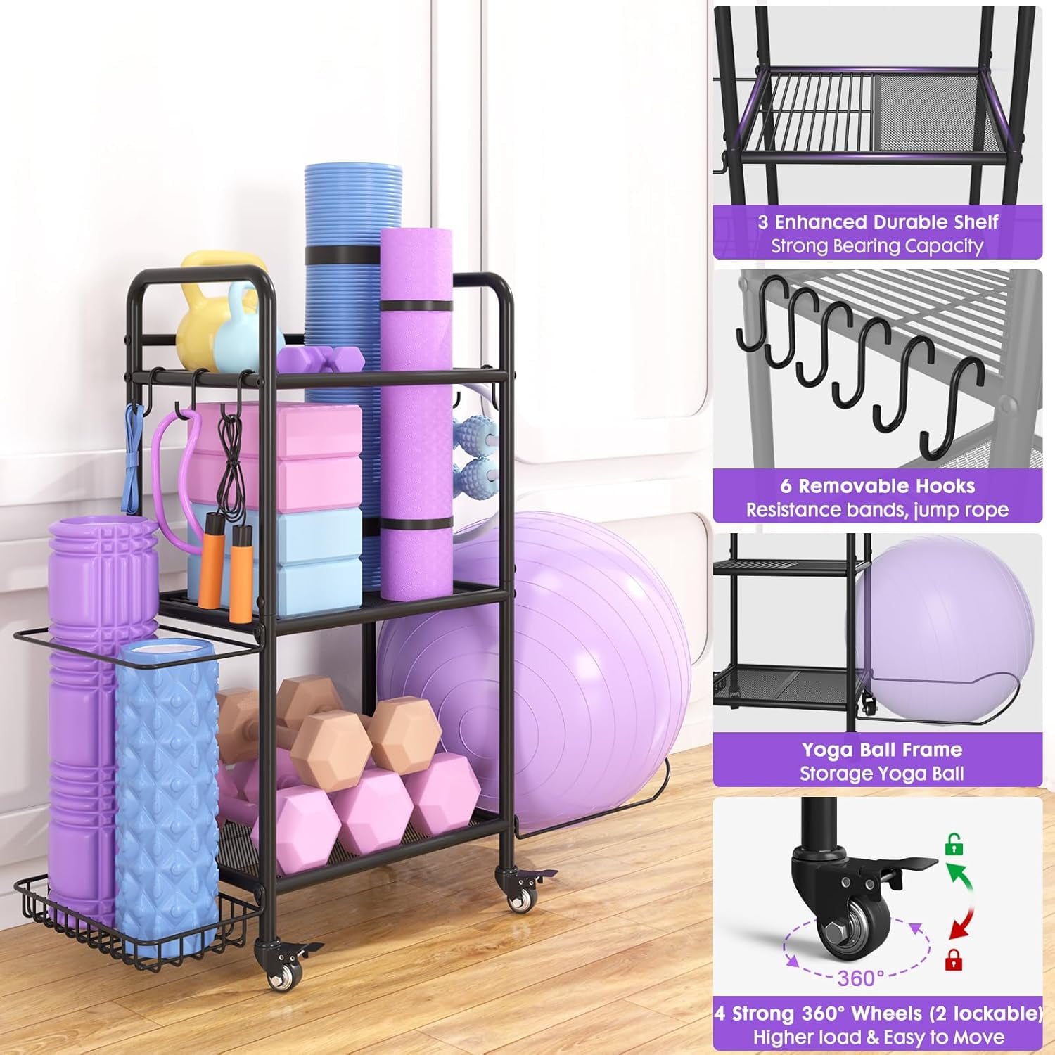 Home Gym Storage Rack Organizer for Yoga Mat Dumbbells Kettlebells Foam Roller Yoga Strap & Resistance Bands