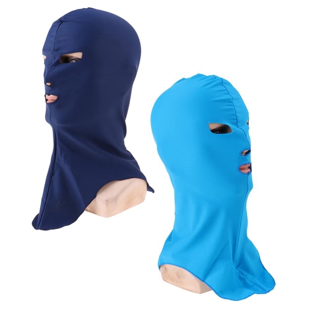 natación buceo traje de neopreno capucha protección solar uv máscara facial cubierta para el cuello y la cabeza bikini para la cara gorro de baño elás Dos capuchas elásticas de nylon (azul y azul marino), vista 3/4 frontal: silueta que cubre cabeza, cuello y gran parte del rostro, tejido liso y ligero, tamaño aprox. 32 x 34 cm, bloqueo solar UPF 50+ según especificación; adecuada para natación, snorkel y surf y a menudo usada también en pesca y otras actividades acuáticas.