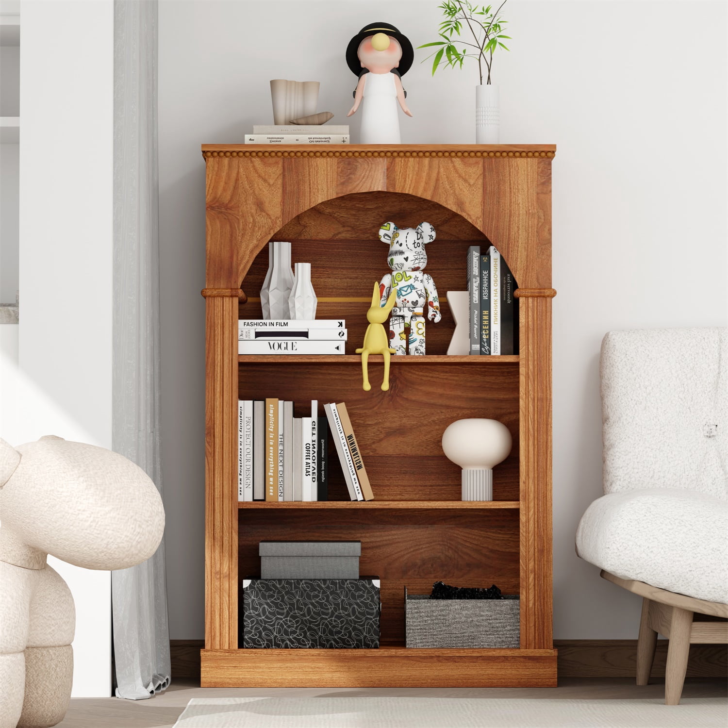 Hommoo 3-Tier Arched Open Bookshelf, Traditional Freestanding Bookcase with Decorative Beaded Trim, Wooden Display Shelf for Entryway, Living Room, Bedroom, Hallway, Walnut