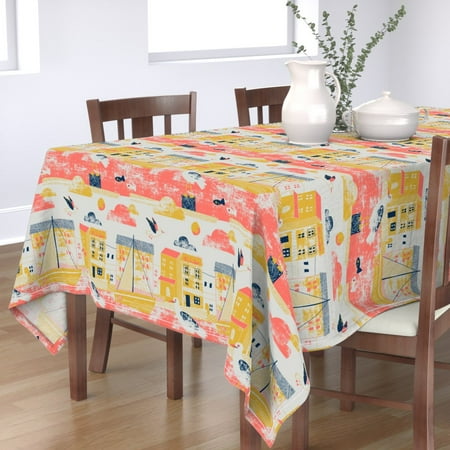 

Cotton Sateen Tablecloth 90 Square - Sea Fishing Village Boat Sailing Sail Pink Gold Birds Pastel Seagulls Mustard Coral Beach Scene Print Custom Table Linens by Spoonflower