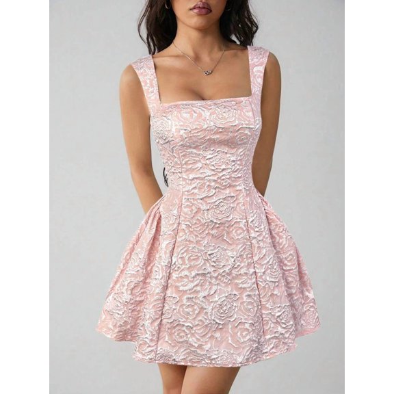 Petite Womens Sleeveless Pink Floral Embossed Fit & Flare Mini Dress, Square Neckline