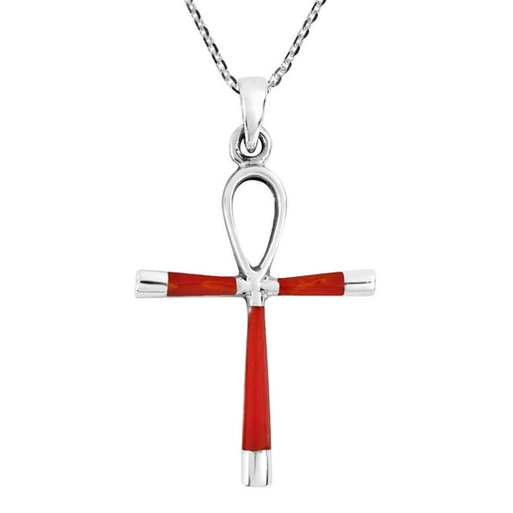 AeraVida Ancient Egyptian Ankh Hieroglyph Red Coral Sterling Silver Pendant Necklace