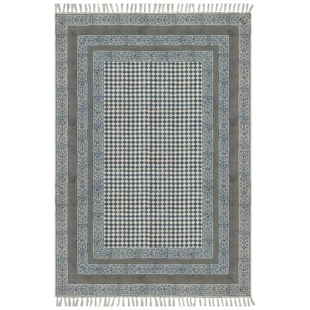 Casavani Handblock Printed Cotton Rug for Kitchen Study Room Outdoor Patio Rug, Gray 4x6 feet