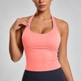 thumbnail image 2 of VNKIDY Womens Solid Color Halter Neck Workout Tank Top With Built In Bra Ribbed Slim Fit Sleeveless Crop Top For Yoga Gym Active Wear Watermelon Red2 S, 2 of 4