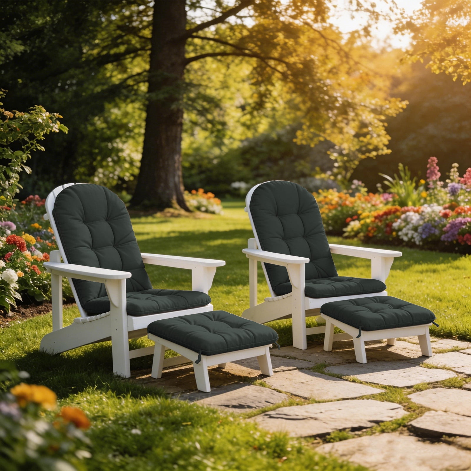 HONEY HOME Outdoor Adirondack Chair Cushions, 44x19x4 Inch Waterproof Rocking Chair Cushion and 17x19 Ottoman Cushion for Patio, Garden