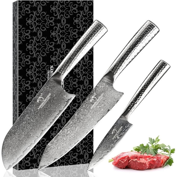 3 Pieces Damascus Kitchen Knife Set with 8” Chef Knife, 7” Santoku Knife, 3.5” Paring Knife, 67 Layer Handmade Damascus VG10 Steel Core, Hammered Ergonomic Handle (Gift Box)