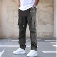 thumbnail image 4 of Men's Cargo Straight Leg Pants, Loose Solid Elastic Drawstring Waist Casual Outdoor Athletic Trousers with Multi-Pocket Dark Gray M, 4 of 5