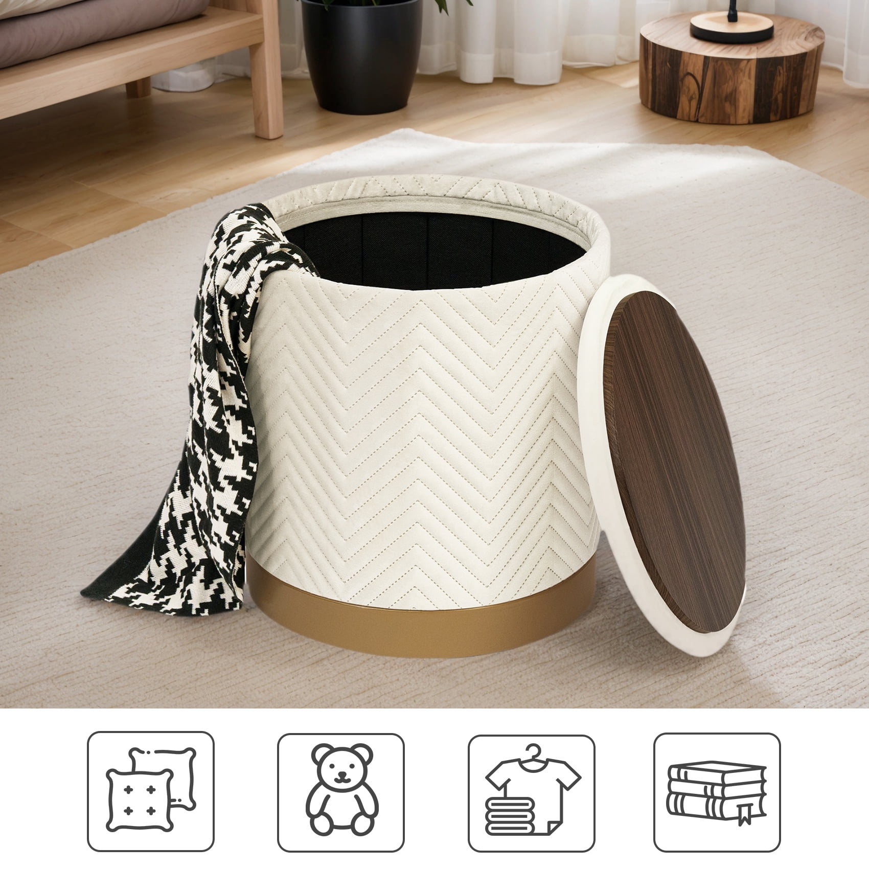 PINPLUS 15" Round Storage Ottoman with Tray Gold Edge Stool Leg Foot Rest for Living Room White,Velvet Fabric