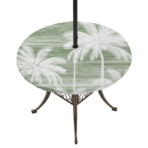 Outdoor Tablecloth with Umbrella Hole and Zipper Tropical Palm Trees Round Fitted Table Cover with Elastic Waterproof Summer Coastal Sage Green Patio Tablecloths for Picnic BBQS Garden Fit 55"-60"