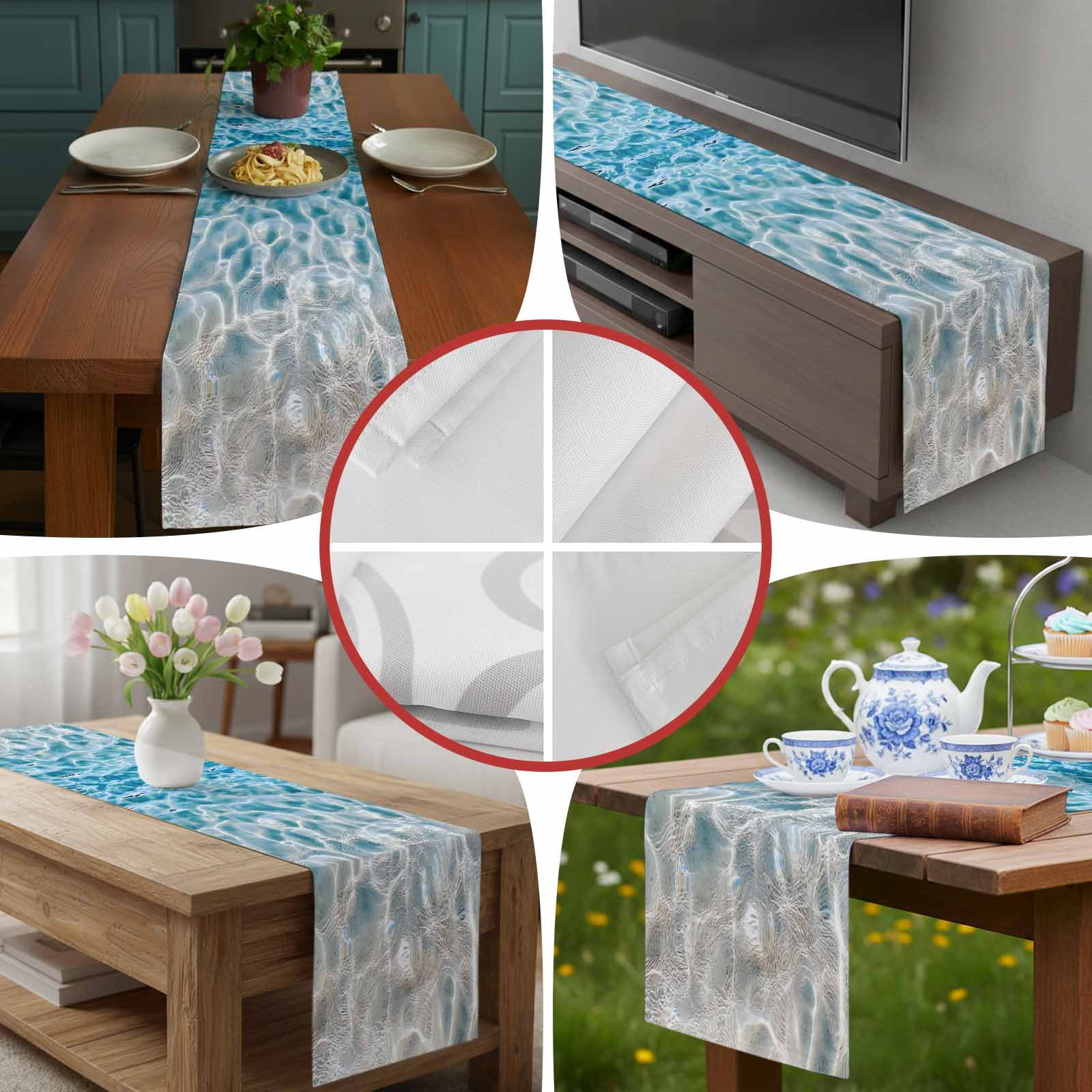 Blue Sea Water Ripple Table Runner 90 Inches Long, Ocean Seabed Table Runners Tabletop Scarf Kitchen Dining Tables Decoration for Home Party Indoor Outdoor