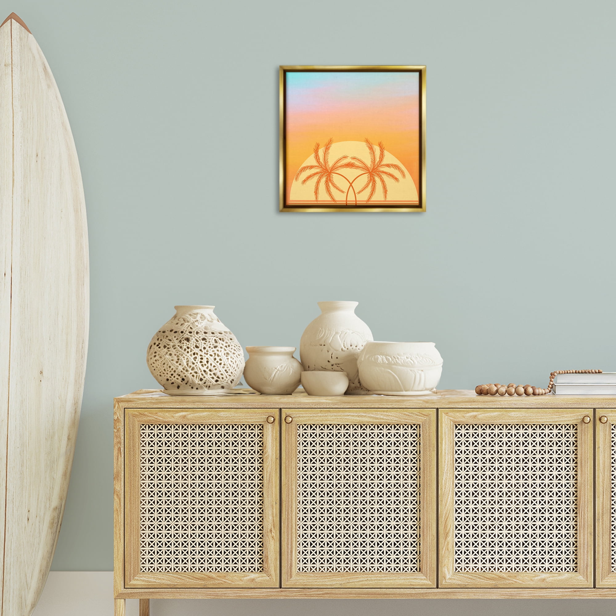 Stupell Industries Retro Sunset Palm Trees Plants & Flowers Painting Gold Floater Framed Canvas Art Print Wall Art, 18 x 18