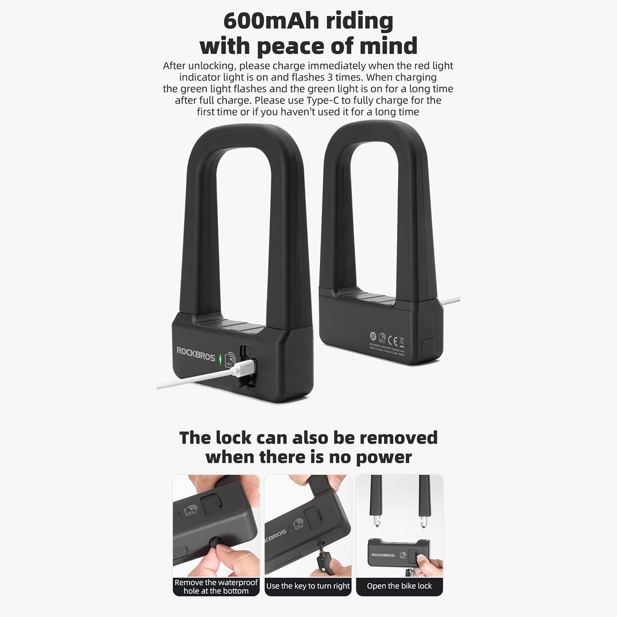 Rockbros NFC Electronic U-Lock Bicycle Lock NFC Phone/Card Sensoring Smart E-Lock