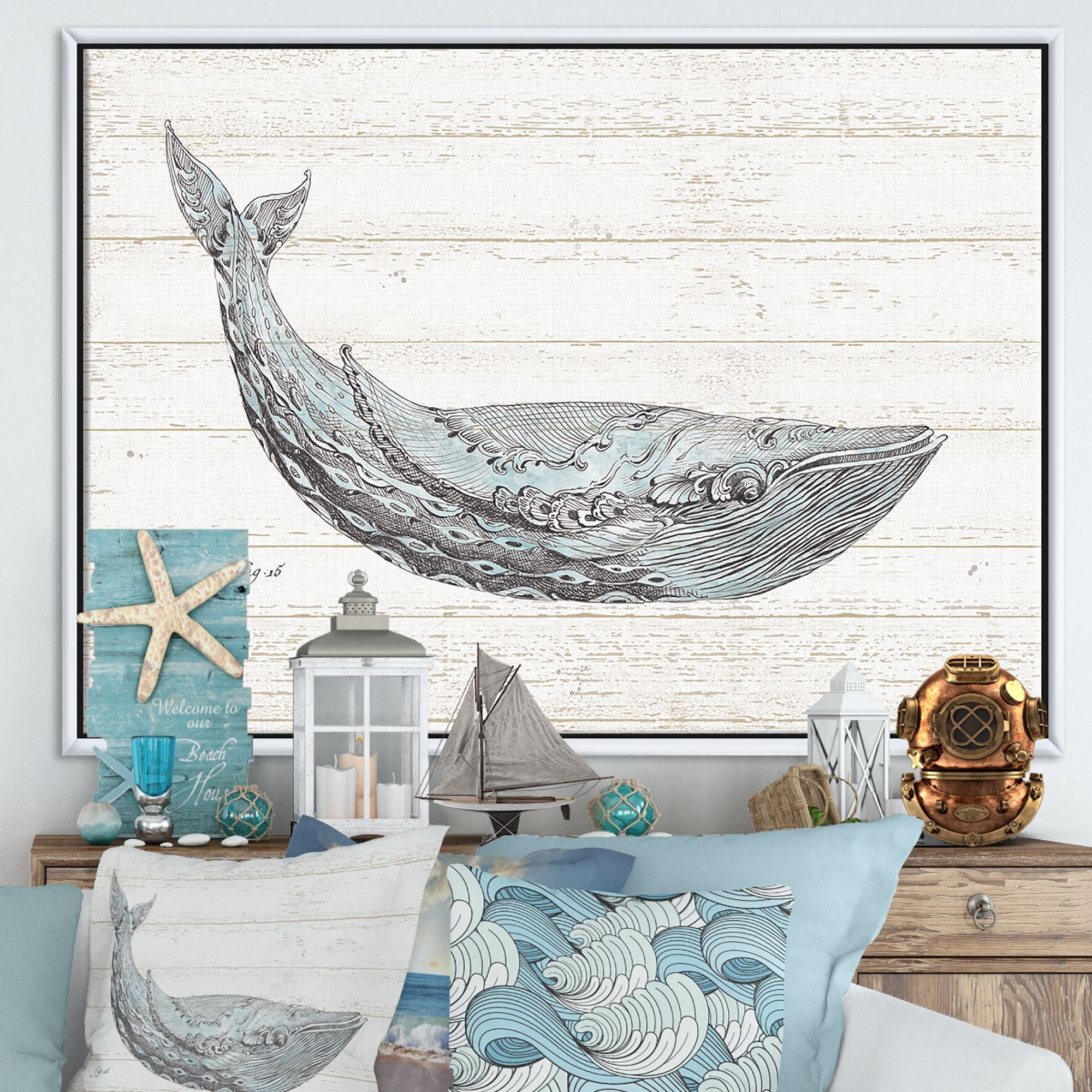 Designart ' Blue Whale Handpainted Watercolor ' Nautical & Coastal Framed Canvas
