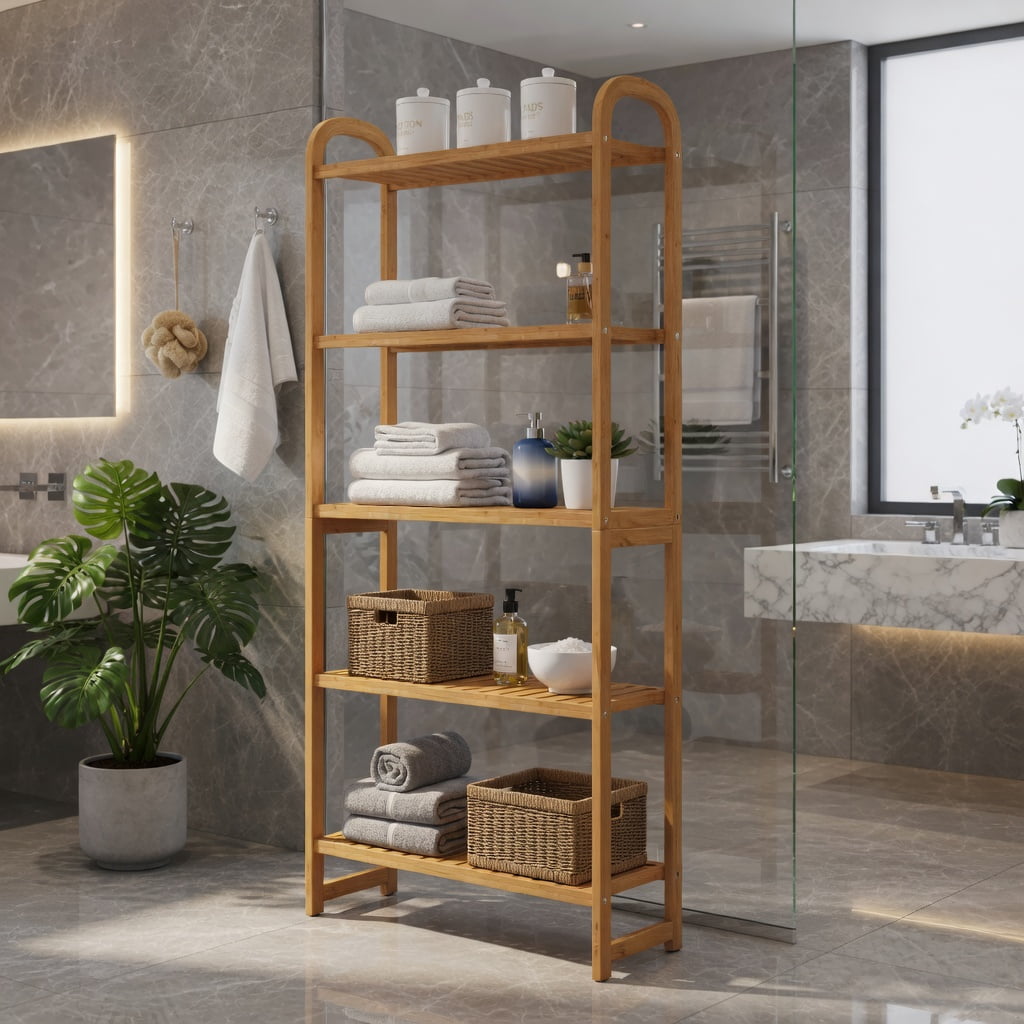 Hommoo 3-Tier Bamboo Over-the-Toilet Storage Organizer, Adjustable 5-Position Shelves, 3 Hooks, Wood Floor Standing Bathroom Shelf with Anti-Tip Kits & Leveling Feet, Natural