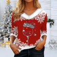 thumbnail image 2 of Women Christmas Outfit Women's Autumn Winter V Neck Long Sleeve T-Shirt with Festive Holiday Print Design for Casual Wear Red 3XL, 2 of 5