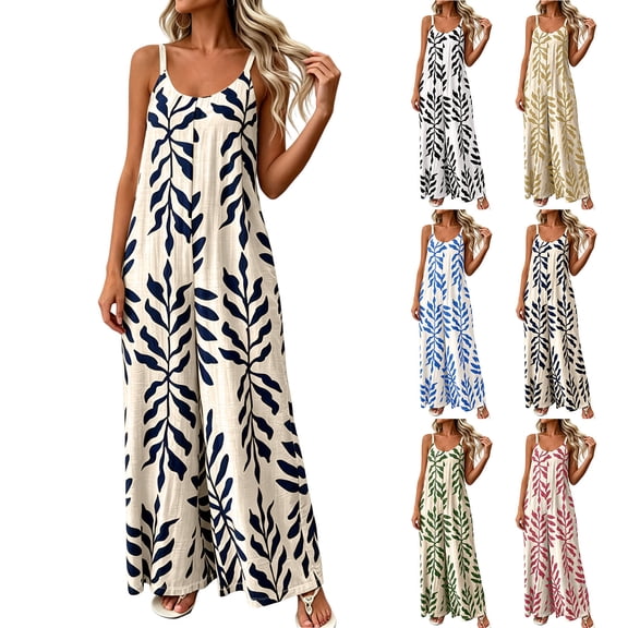 PBFRDSJ Boho Wide Leg Jumpsuits for Women Sleeveless Spaghetti Strap Loose One Piece Rompers Ruched Flowy Vacation Jumpsuits