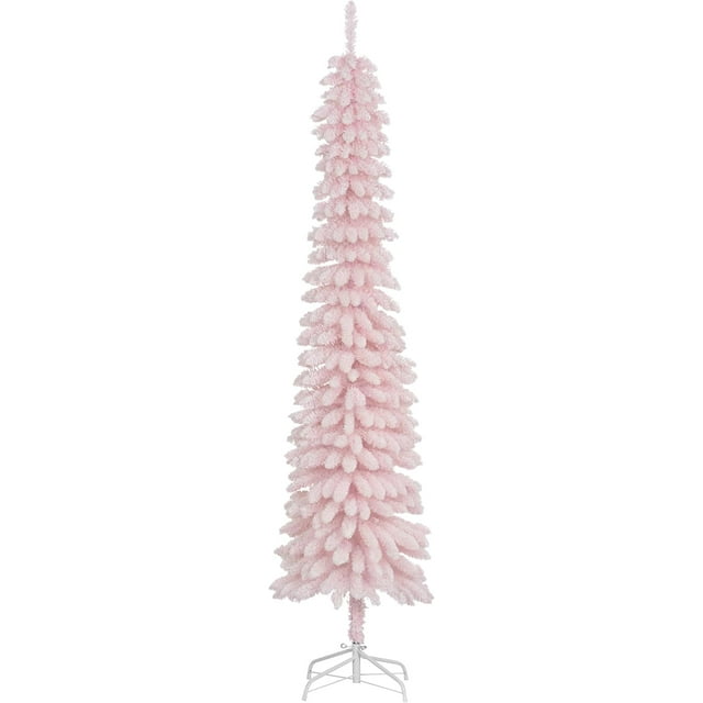 HOMCOM 7 FT Snow-Flocked Artificial Christmas Tree, Slim Pencil Xmas Tree with Realistic Branches, Metal Base, Pink