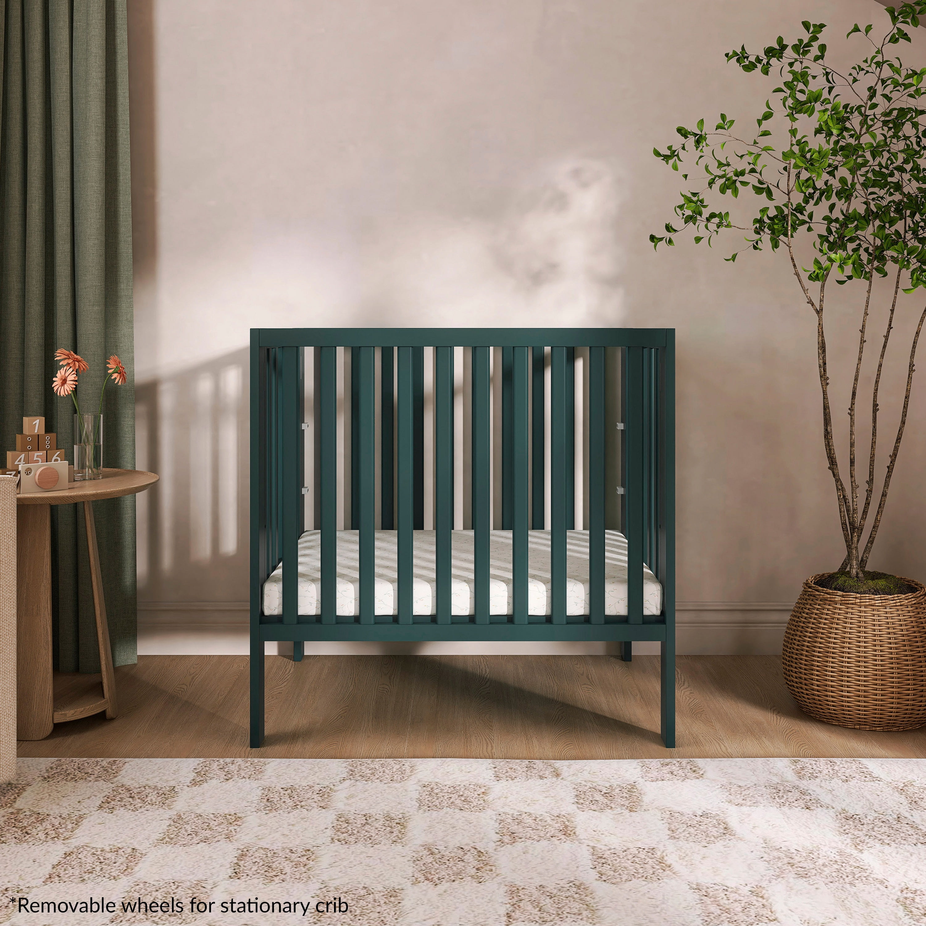 Dream On Me Jett Non-Full Size Folding Crib, Removable Wheels, Modern Nursey, Adjustable Mattress Support, Patent Folding System, Included 2.5” Mattress In Olive