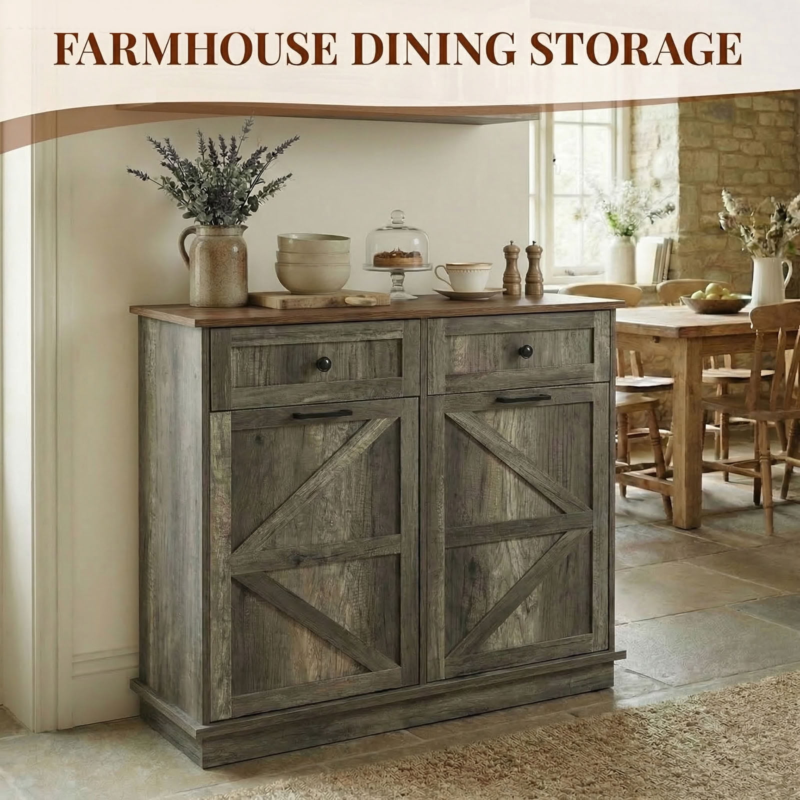 MAYEERTY 39.4" Farmhouse Storage Cabinet, Double Tilt Out Trash Can Cabinet with Drawer, Hidden Cabinet for Kitchen, Laundry, Living Room, Office