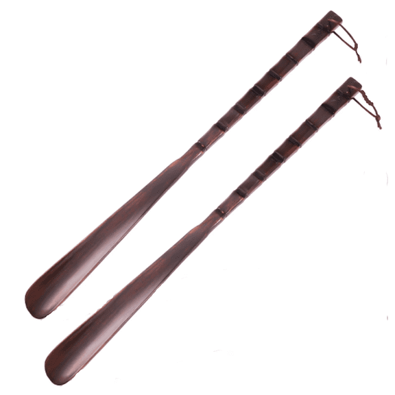 Meilimei 2-Pack Wooden Shoe Horn Set, 21.6-inch Long Handle Shoe Lifter for Seniors & Adults, Back Pain Relief, Easy Slip-On Helper for Boots and Shoes, Smooth Edge Design, Brown